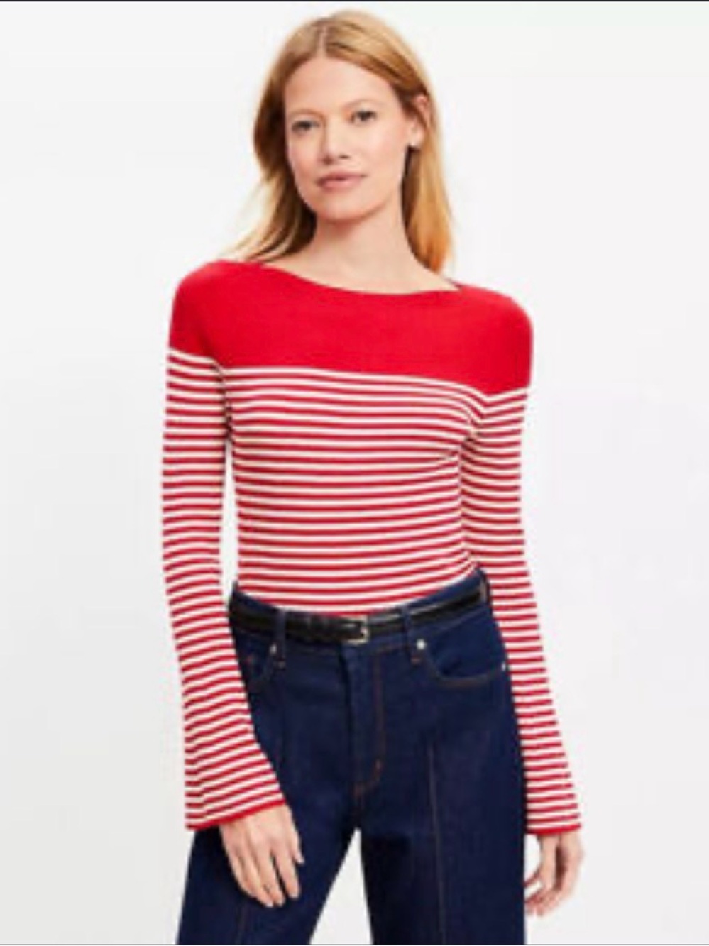 LOFT Red and White Striped Long Sleeve Boatneck Top
